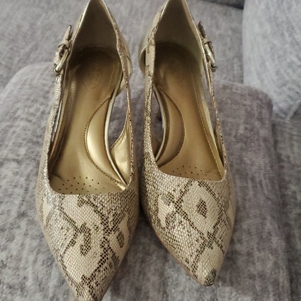Gold Snake-Print Pointed Toe Heels